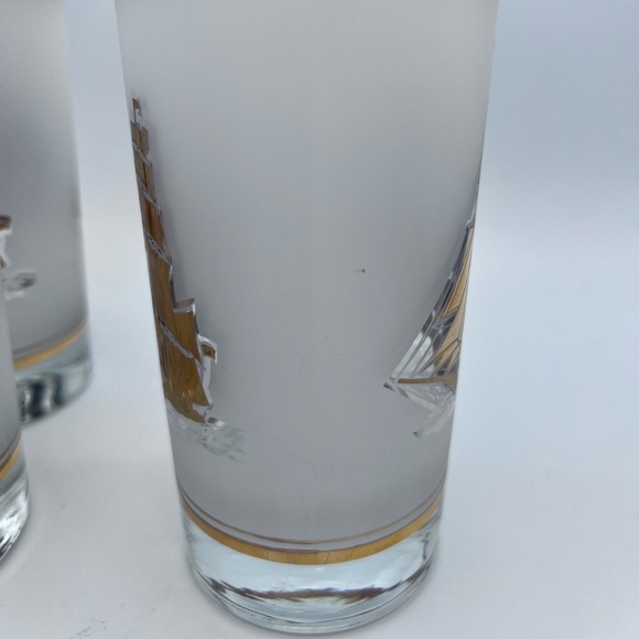FROSTED Ships GLASSES (6) Gold NAUTICAL SAIL BOAT bar 5-1/2” tall - Picture 5 of 8